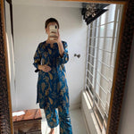 2 pcs women's stitched linen block printed shirt and trouser