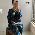 2 pcs women's stitched linen block printed shirt and trouser
